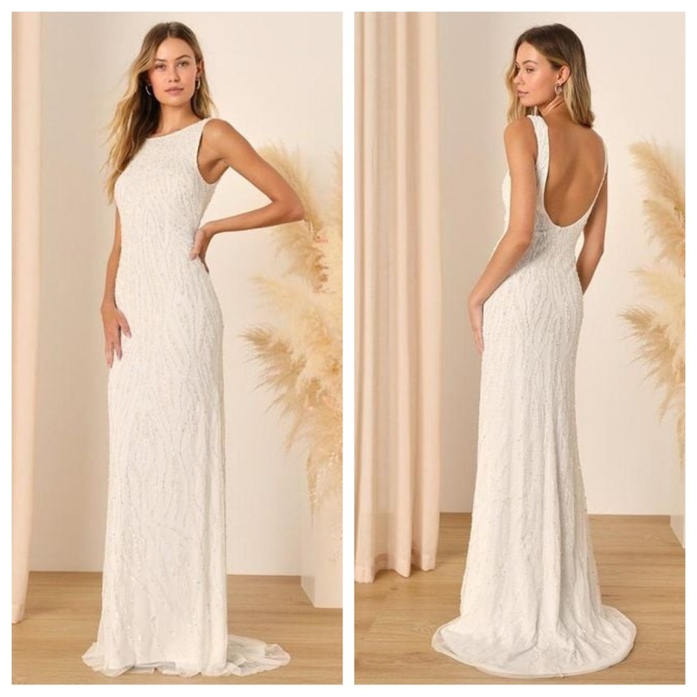 Lulus Women's Natural Glamourous Ever After Sequin Beaded Backless Maxi Dress